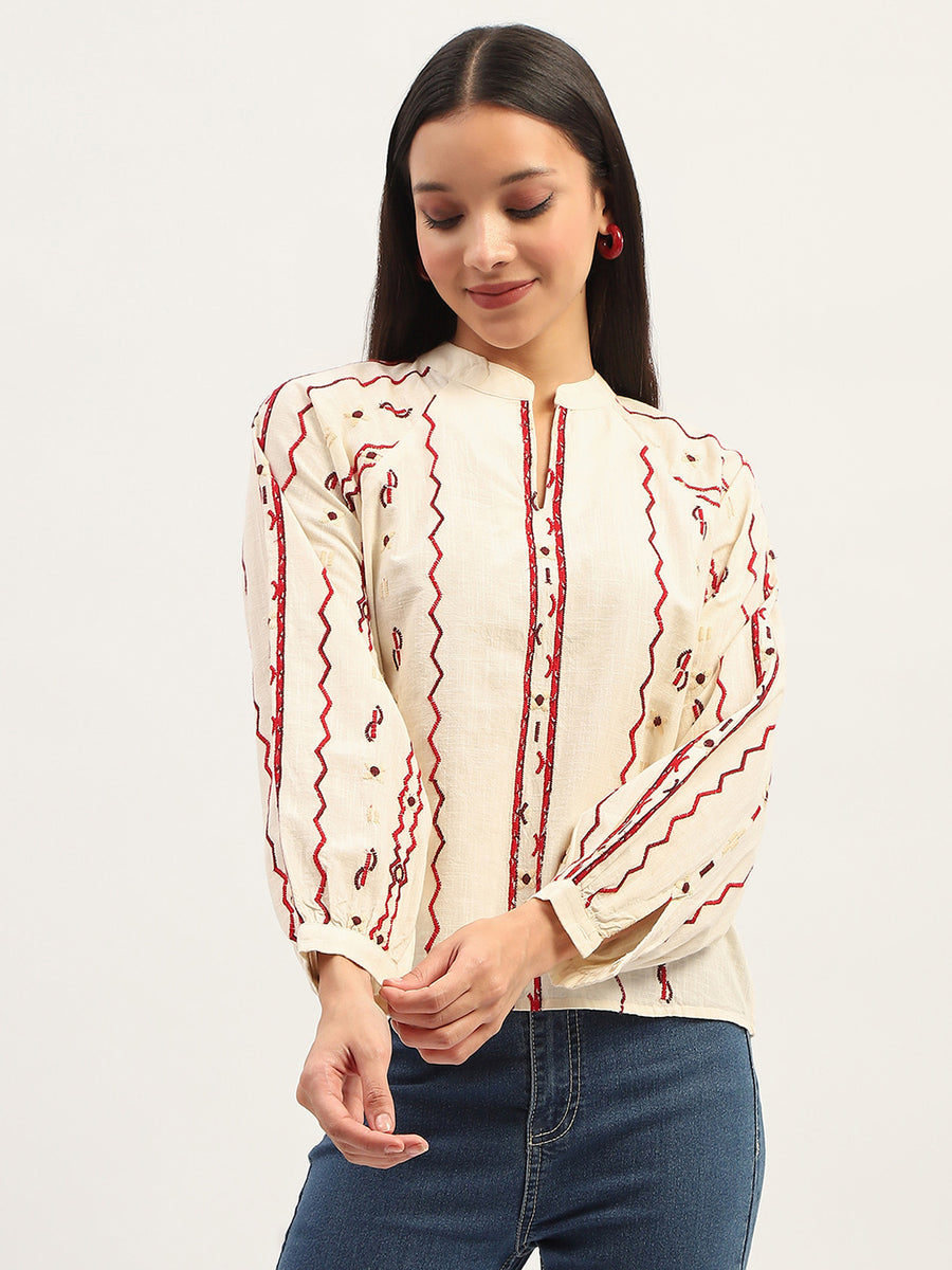 Madame Embroidery Printed Cotton Beige Top