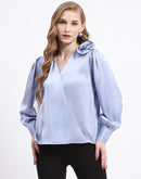 Madame Blue Satin Wrap Top with Flower Detail