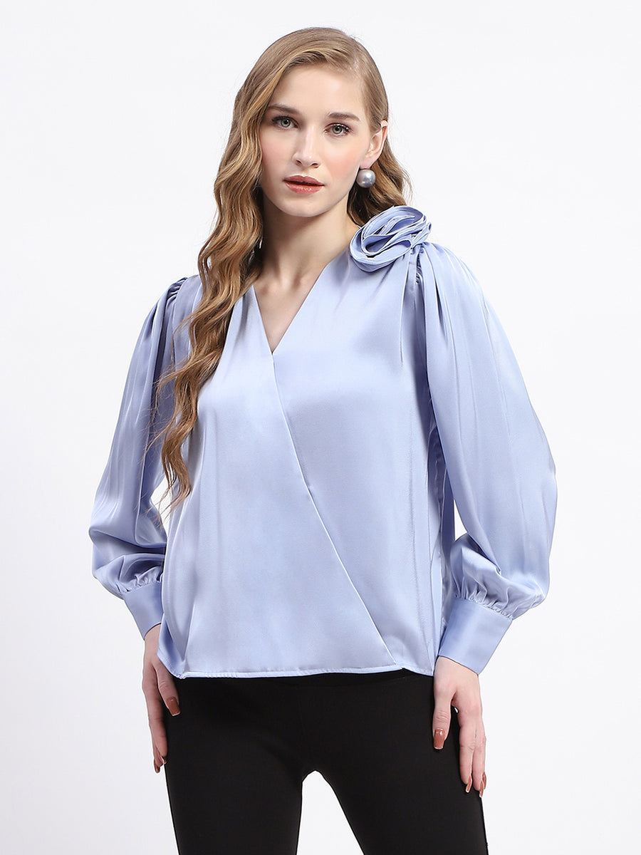 Madame Blue Satin Wrap Top with Flower Detail