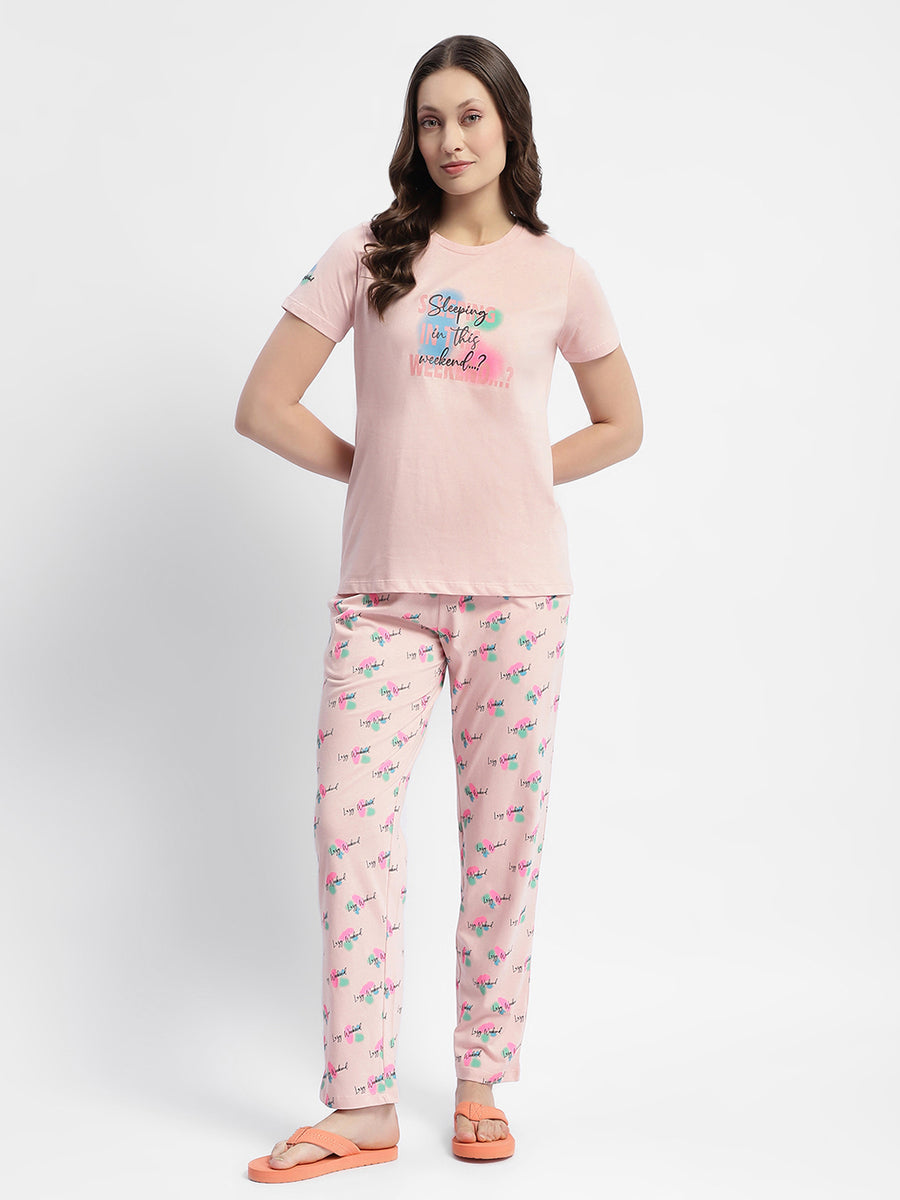 mSECRET Peach Typography Print Cotton Nightsuit Set