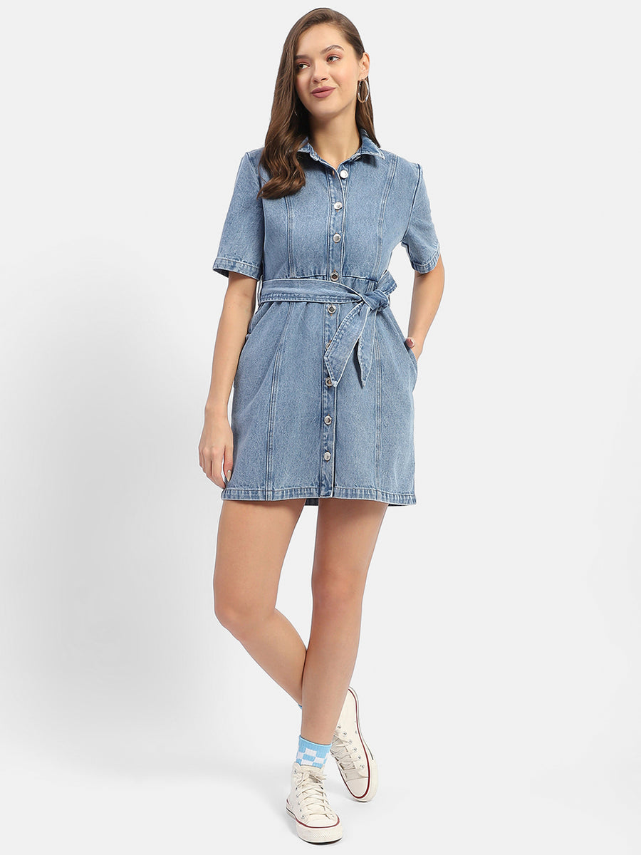 Madame Belted Waist Mid Blue Denim Shirt Dress