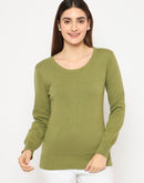 Madame Round Neck Ribbed Cuff Olive Sweater