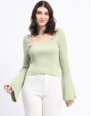 Madame Metal Accented Flounce Sleeve Mint Green Knit Top