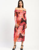 Madame Shanaya Kapoor Abstract Print Off Shoulder Semi Sheer Orange Maxi Dress