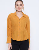 Madame Pleat Detailed Pearl Buttoned Solid Mustard Yellow Shirt