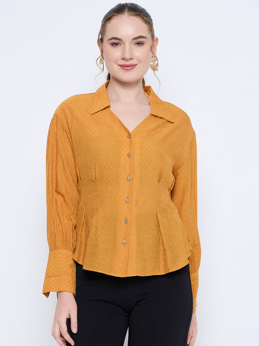 Madame Pleat Detailed Pearl Buttoned Solid Mustard Yellow Shirt