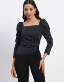 Madame Gathered Shimmery Square Neck Navy Top