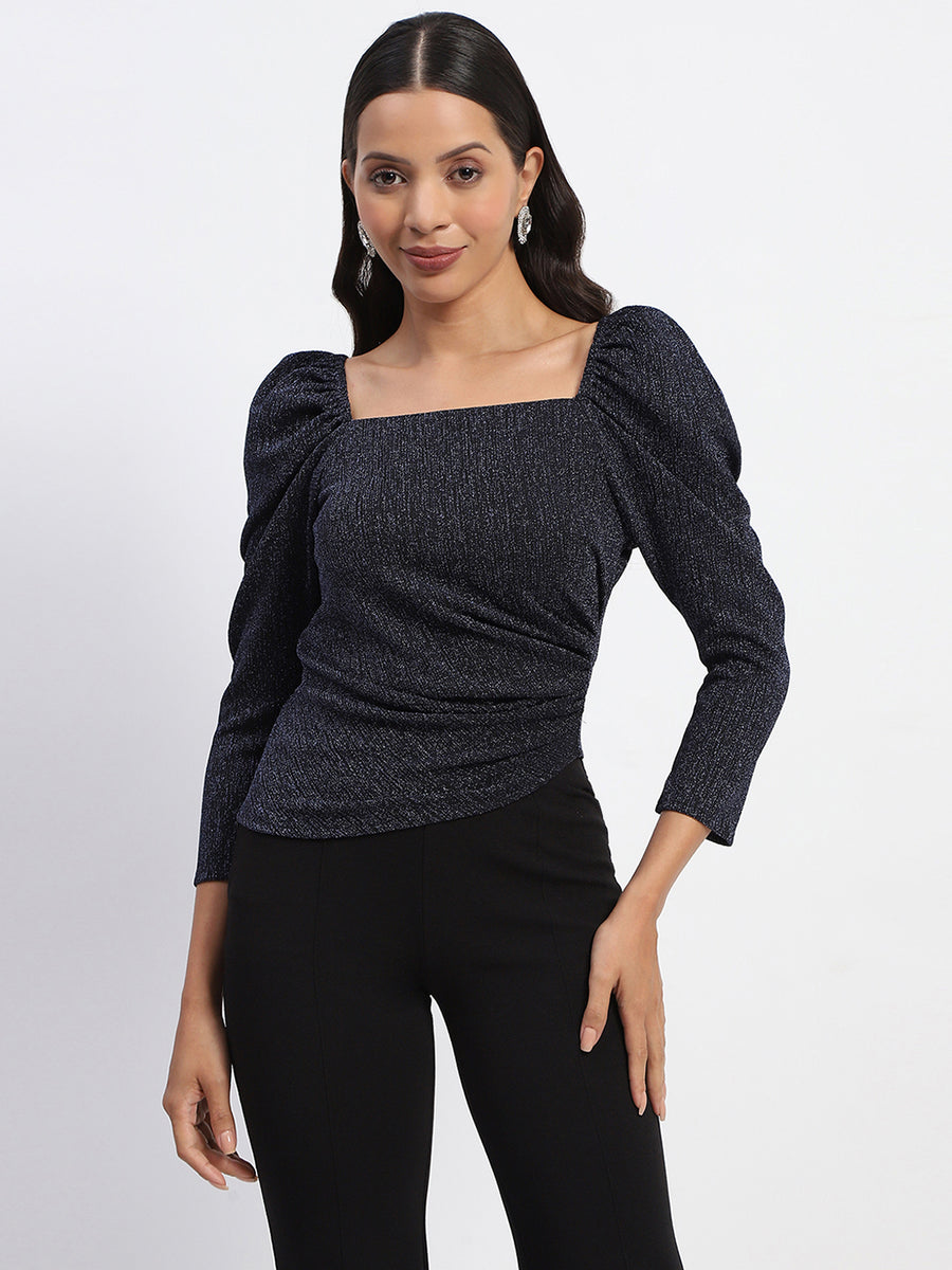 Madame Gathered Shimmery Square Neck Navy Top