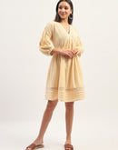 Madame Puff Sleeve Fit And Flare Cotton Beige Midi Dress