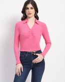 Madame Collared Neckline Scallop Hem Ruched Pink Top