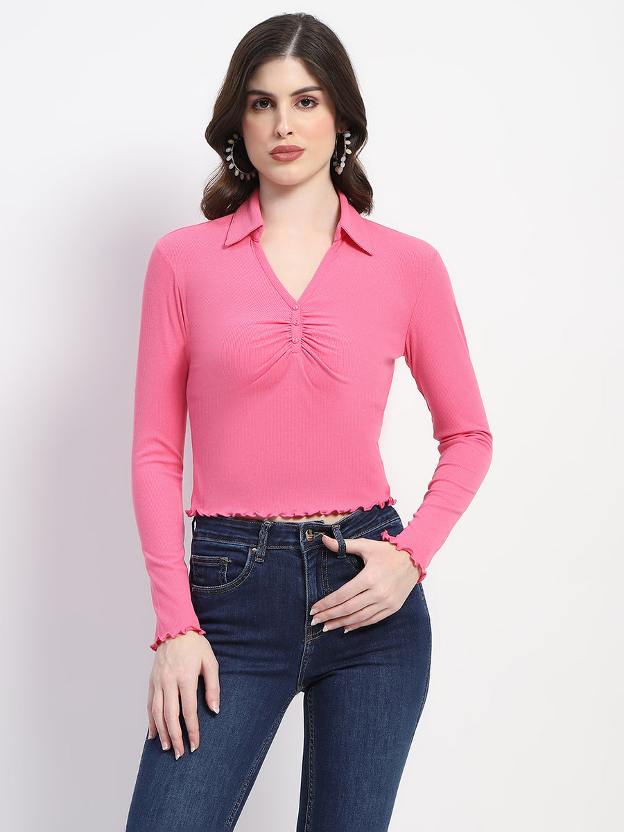 Madame Collared Neckline Scallop Hem Ruched Pink Top