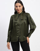 Madame Tie Up Neck Cuffed Sleeve Olive Top