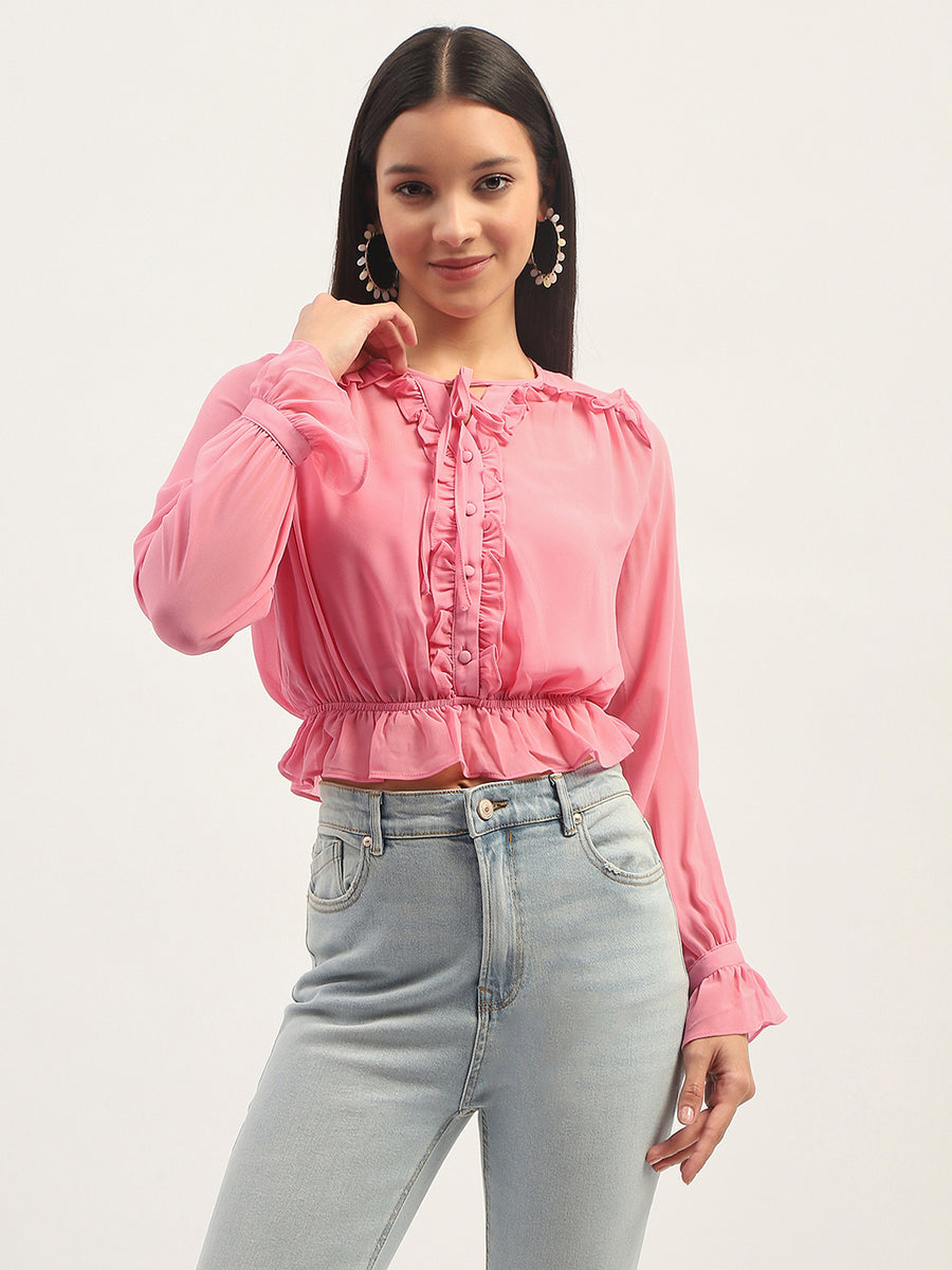 Madame Pink Ruffle Detailing Peplum Top