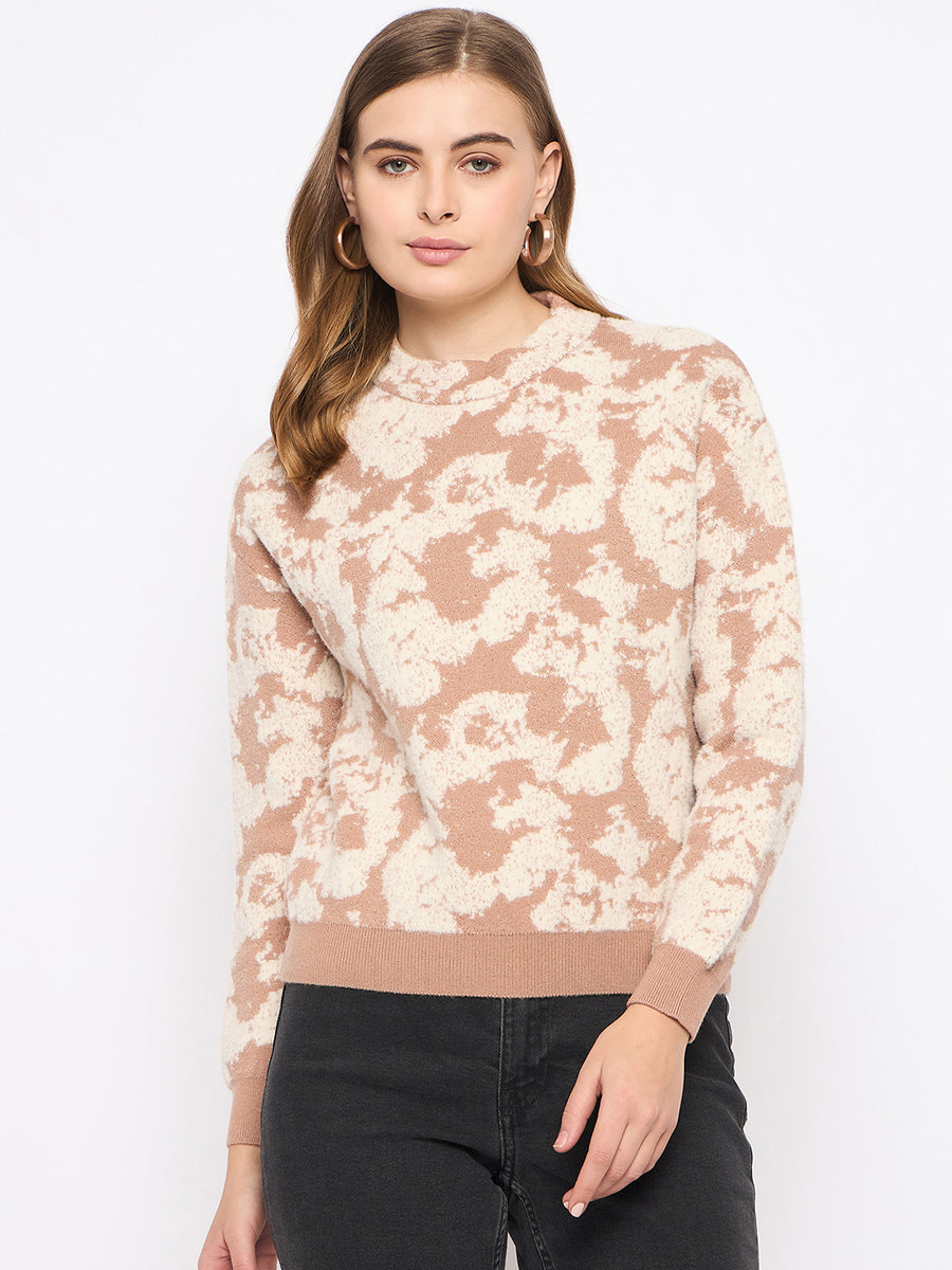 Madame Printed Crew Neck Beige Sweater