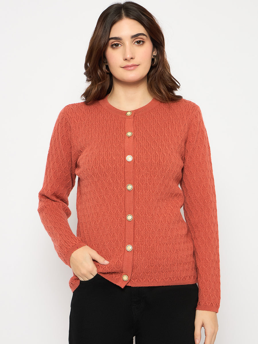 Madame Cable Knit Round Neck Rust Red Cardigan