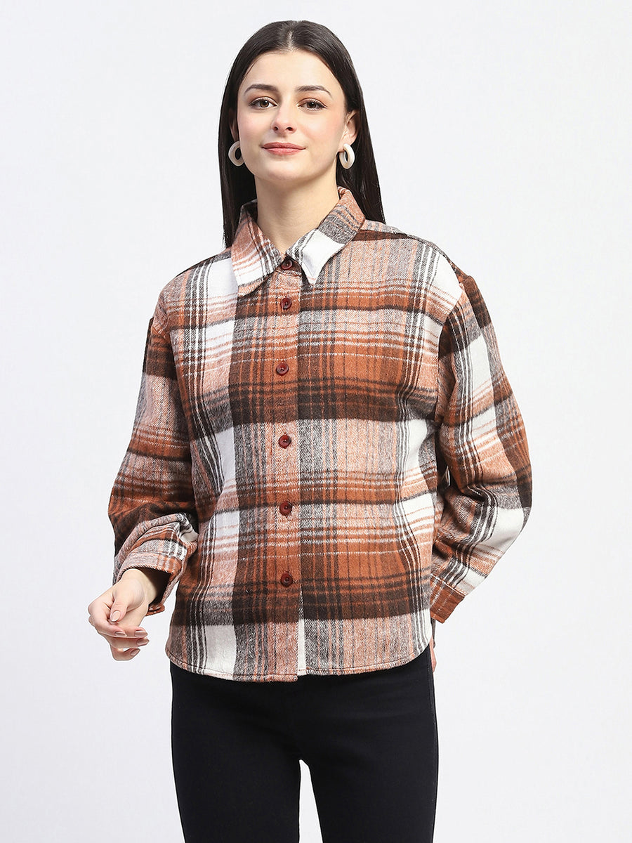 Madame Plaid Pattern Collared Brown Shacket