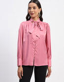 Madame Tie Up Neck Cuffed Sleeve Pink Top