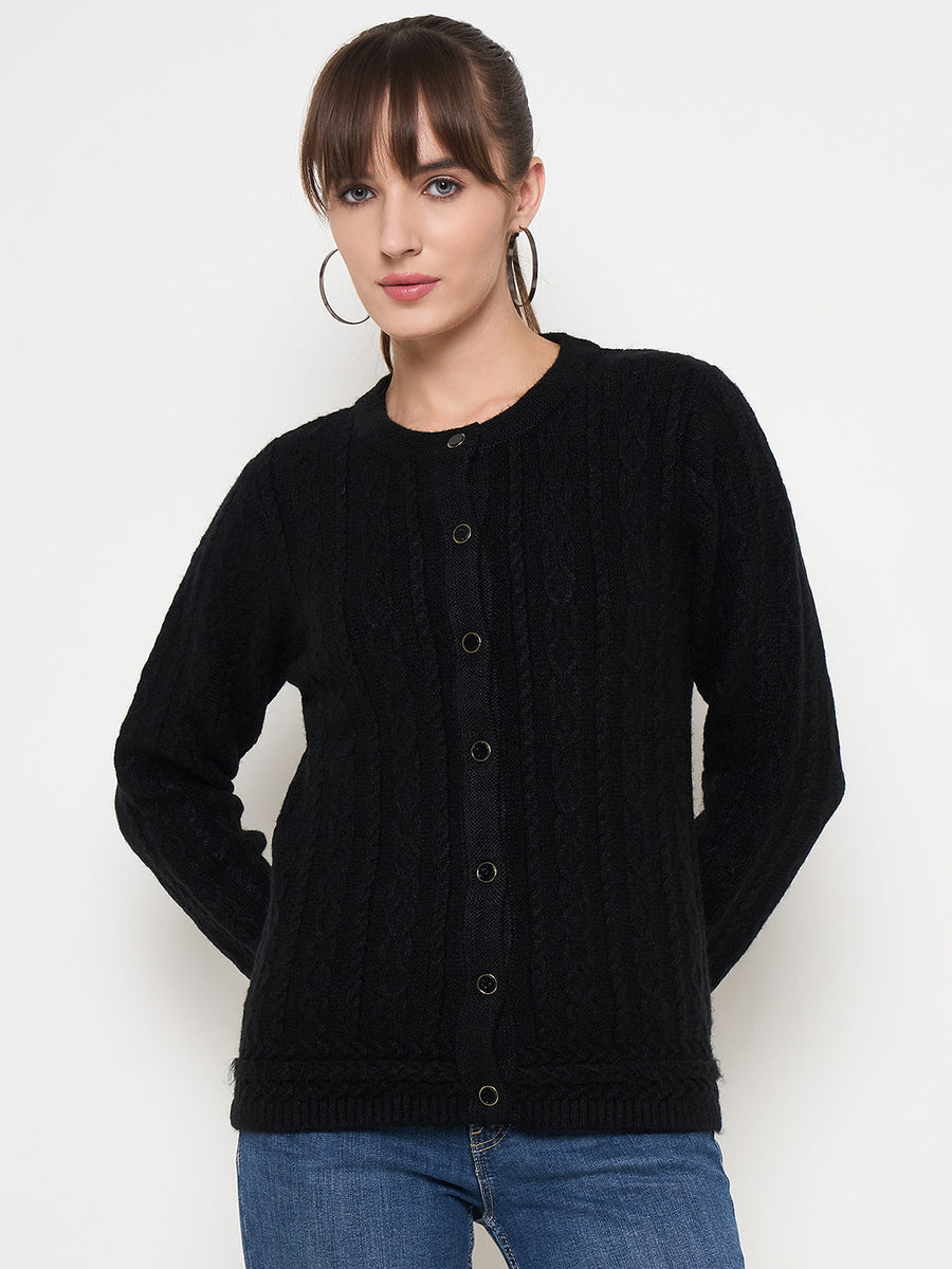 Madame Self Design Crew Neck Black Cardigan