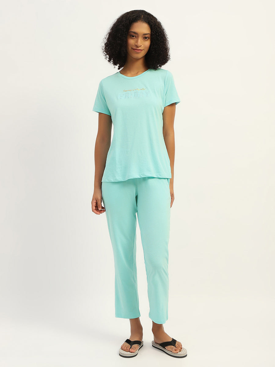 mSECRET Printed Aqua Cotton Blend Nightsuit Set