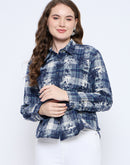 Madame Long Sleeve All Over Printed Shirt Collar Front Button Blue Shirt