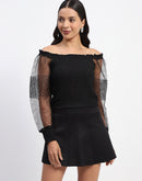 Madame Sheer Sleeve Gathered Off Shoulder Black Top