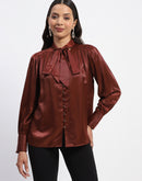 Madame Tie Up Neck Cuffed Sleeve Brown Top