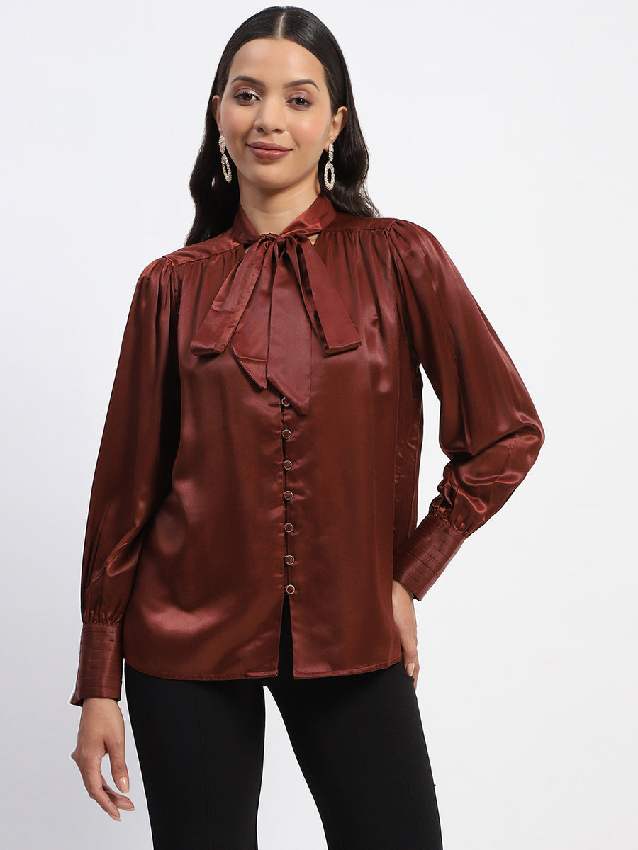 Madame Tie Up Neck Cuffed Sleeve Brown Top