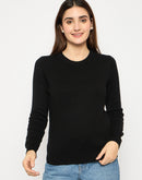 Madame Ribbed Cuffs Round Neck Black Sweater