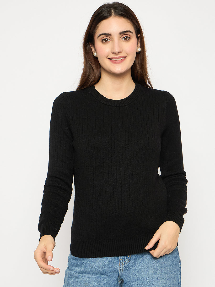 Madame Ribbed Cuffs Round Neck Black Sweater