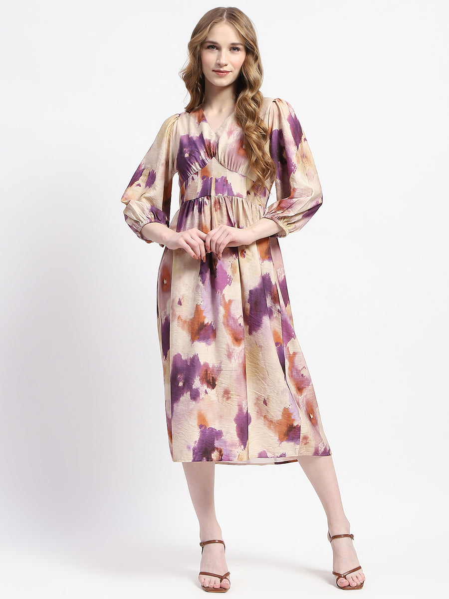 Madame Empire Waist Floral Print Beige Cotton Midi Dress