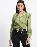 Madame Self Belted Waist Striped Green Shirt