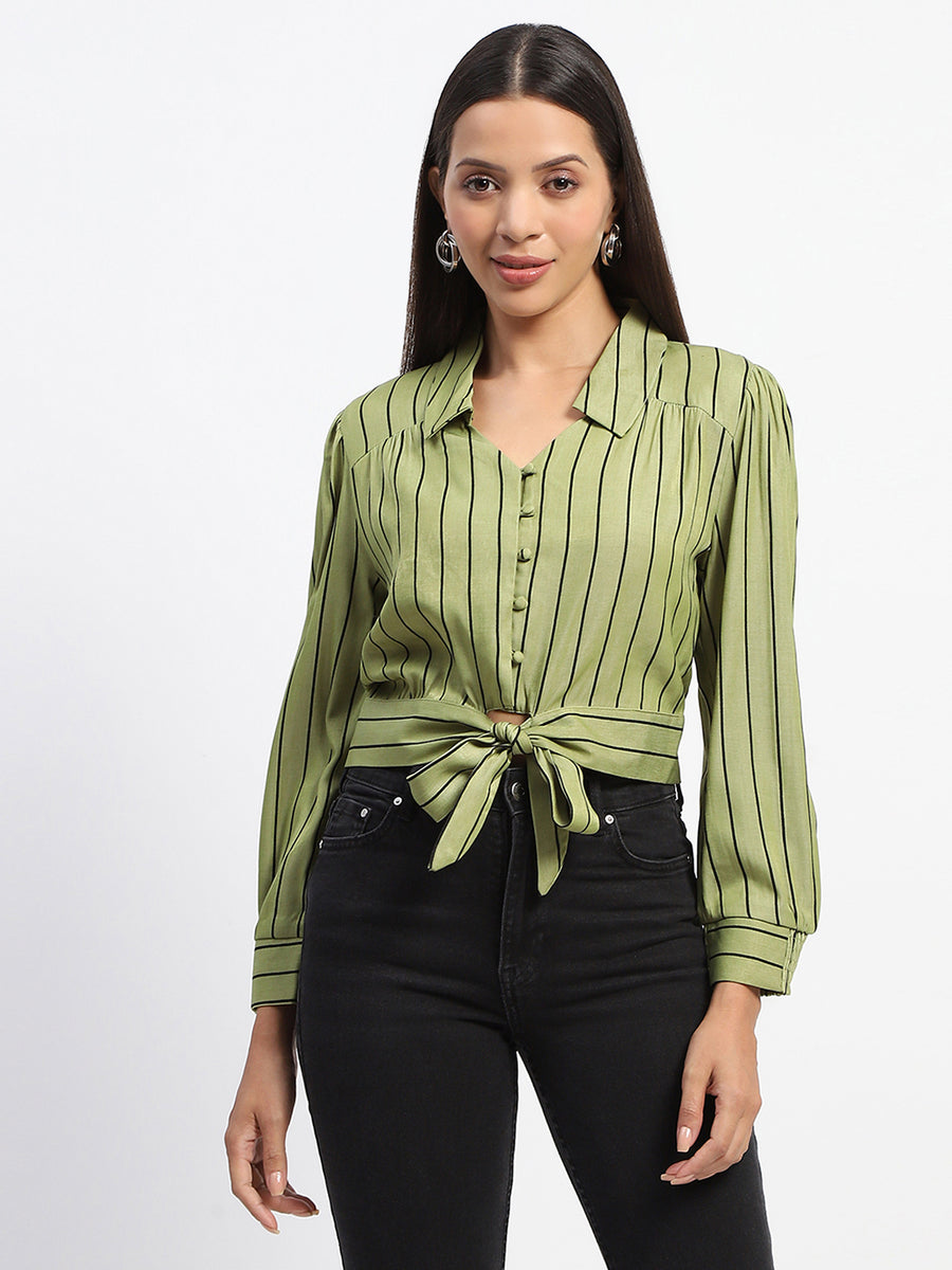 Madame Self Belted Waist Striped Green Shirt