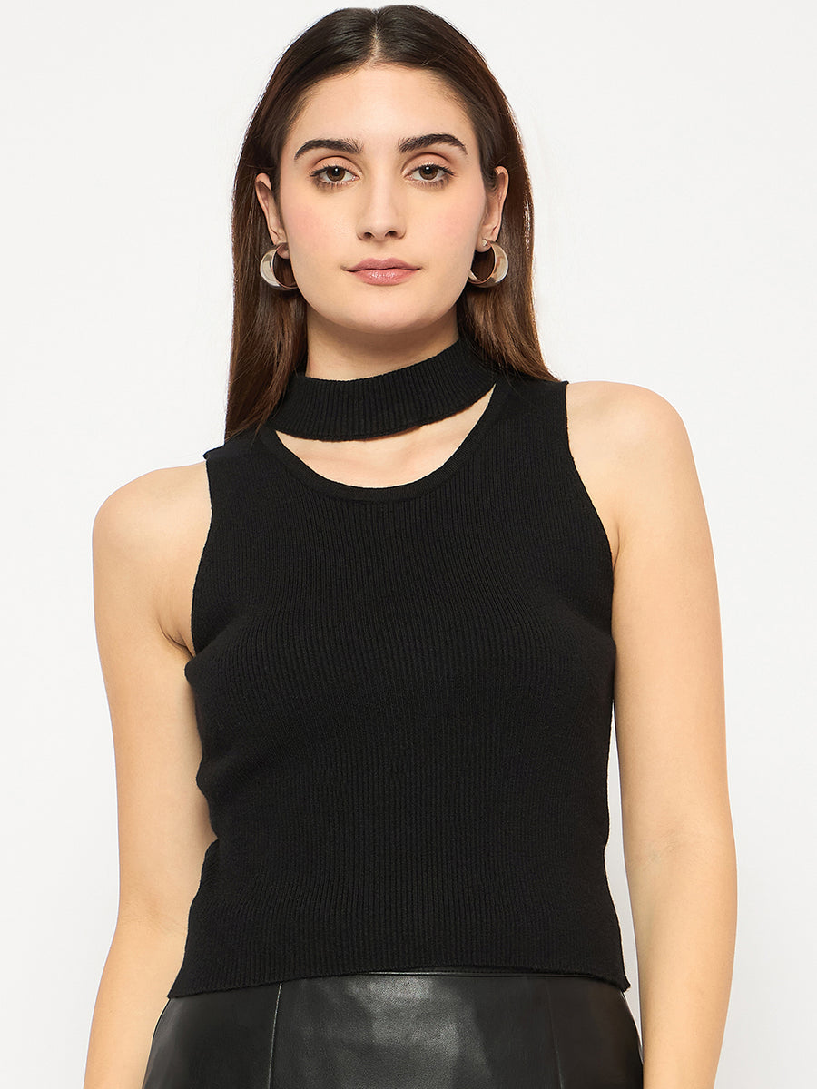 Madame Cutout Sleeveless Mock Neck Black Sweater