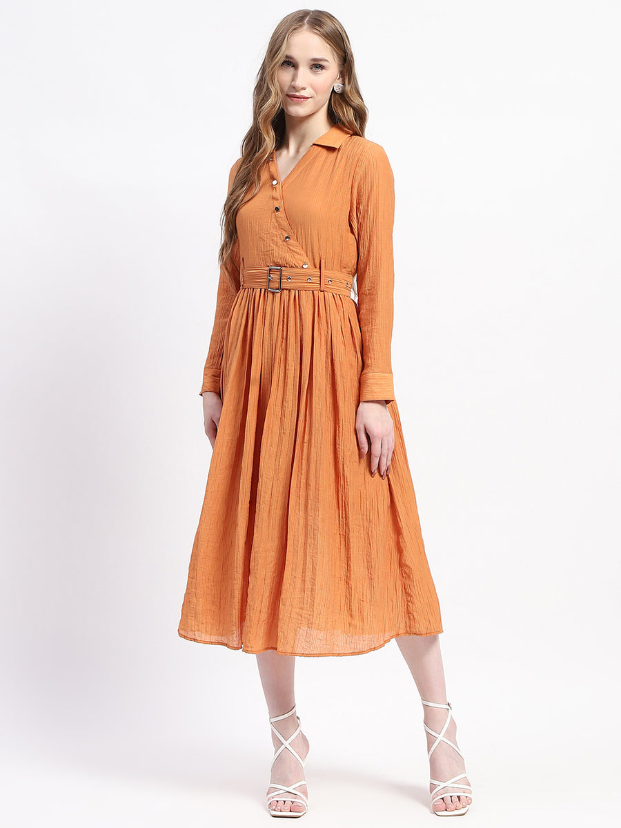 Madame Pleated Cotton Blend Orange Shirt Dress