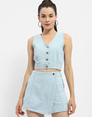 Madame V-Neck Light Blue Denim Crop Top