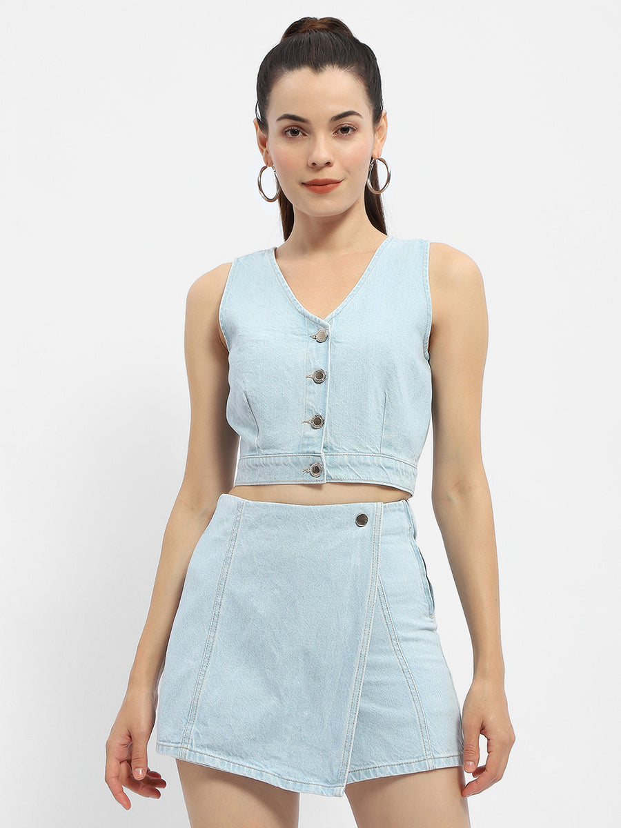 Madame V-Neck Light Blue Denim Crop Top