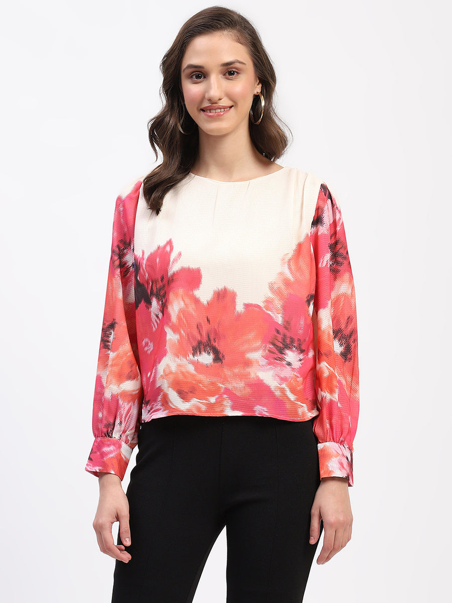 Madame Floral Print Cuff Sleeve Beige Top