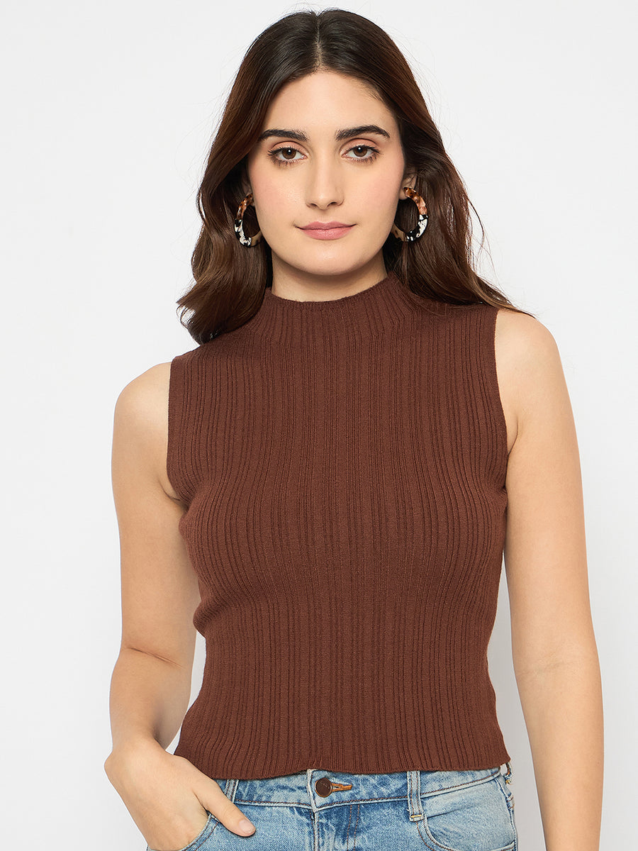 Madame Mock Neck Brown Sleeveless Sweater