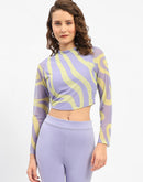 Madame Full Sleeve Wave Print Lilac Crop Top