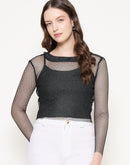 Madame Mesh Mock Neck Spaghetti Solid Black Top