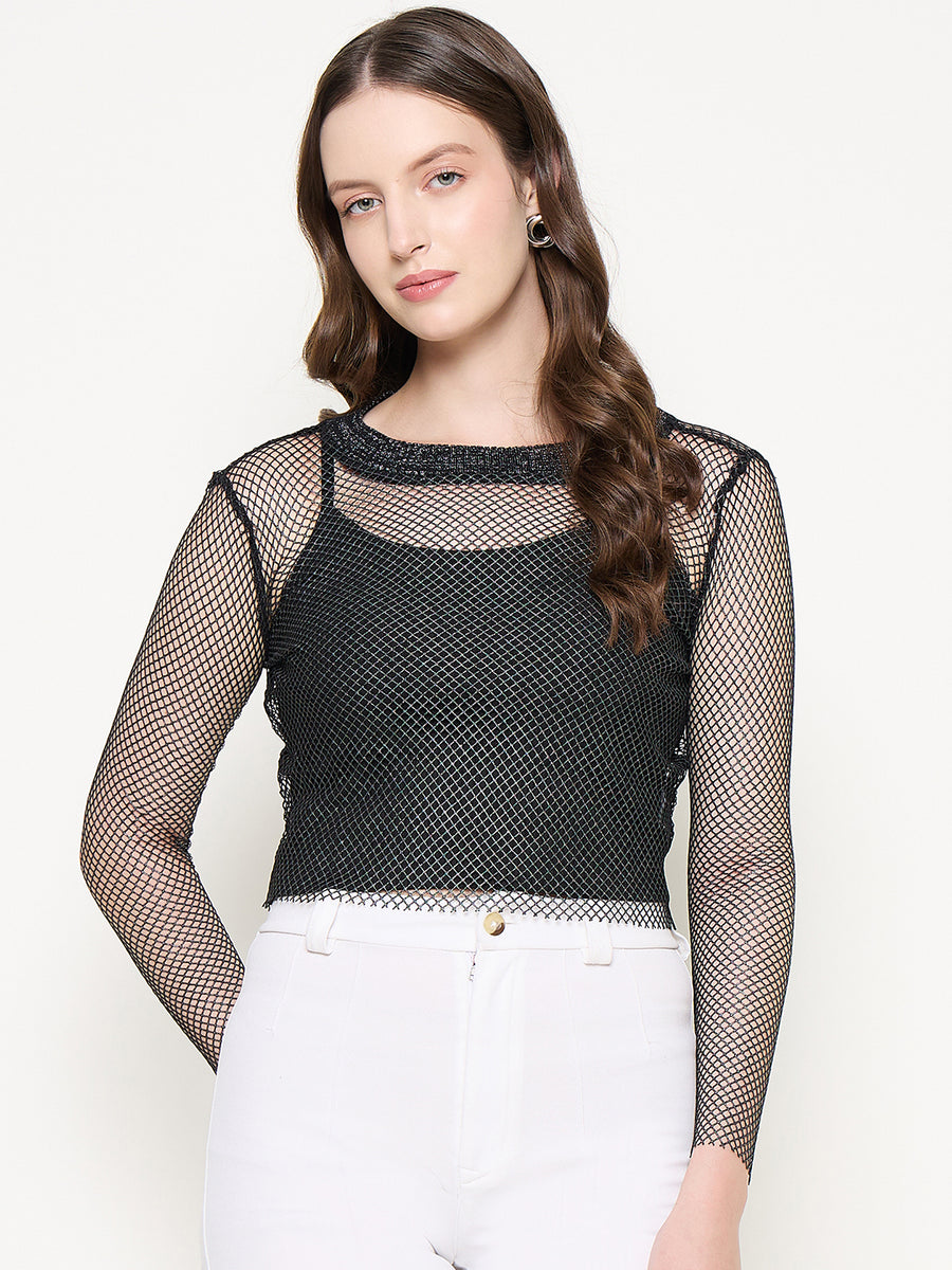 Madame Mesh Mock Neck Spaghetti Solid Black Top