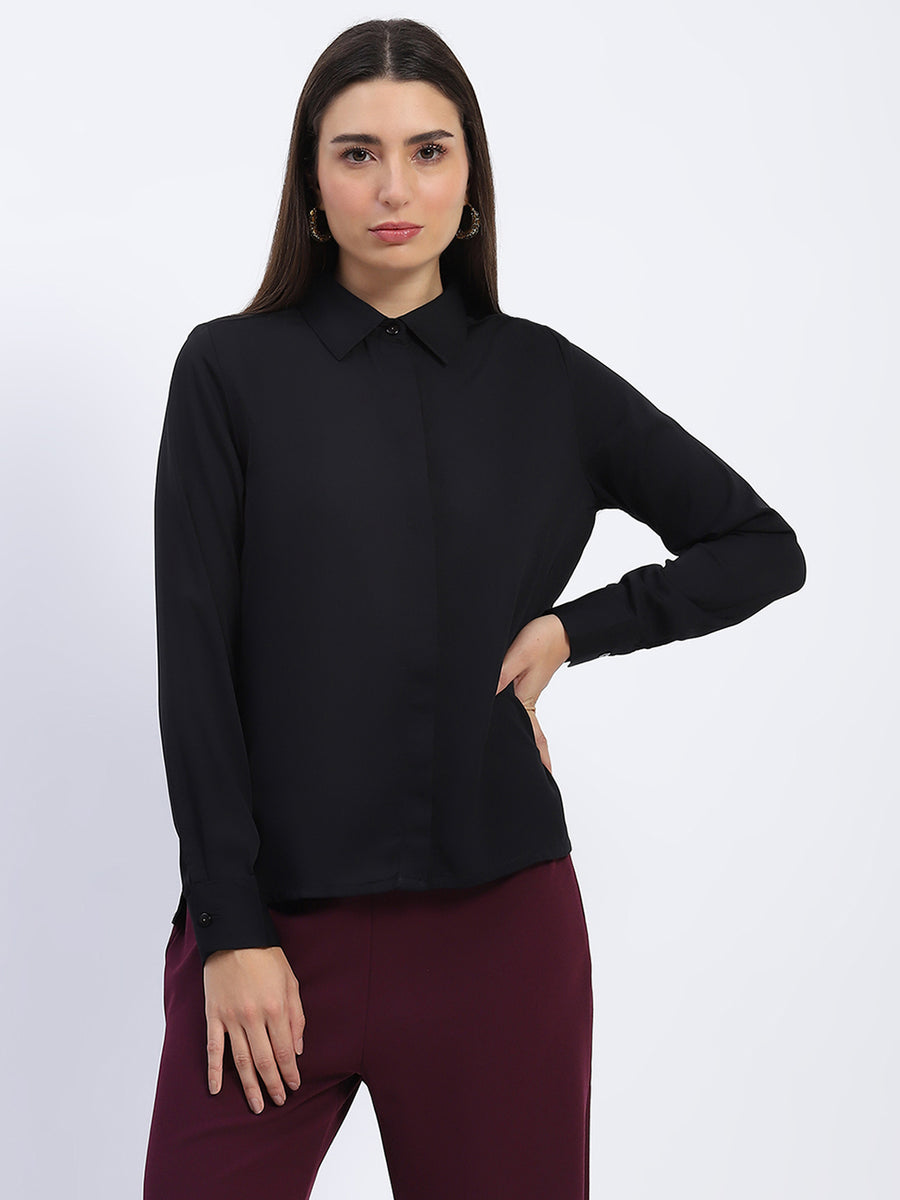 Madame Button Down Solid Black Shirt