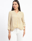 Madame Striped Mandarin Collar Button Down Shirt