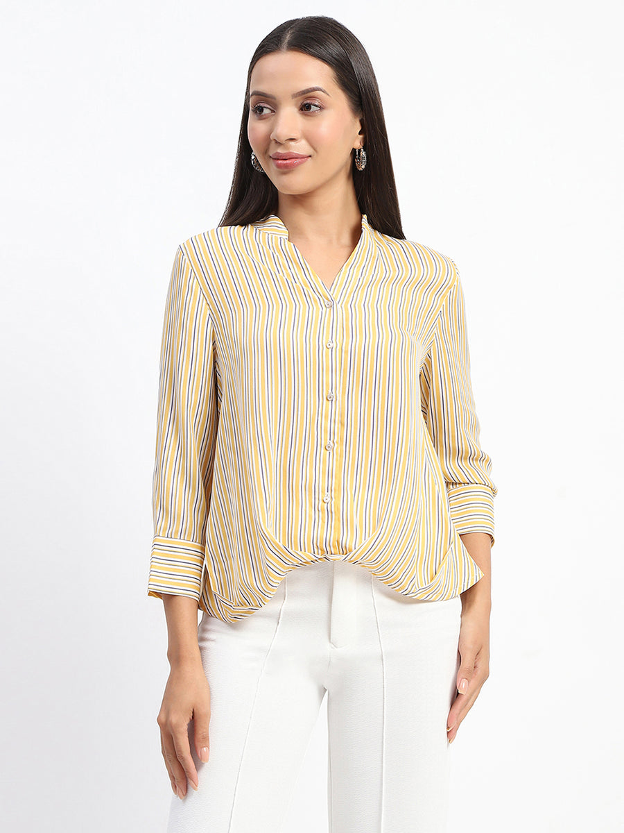 Madame Striped Mandarin Collar Button Down Shirt