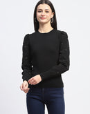 Madame Adorned Sleeves Solid Black Knitted Top