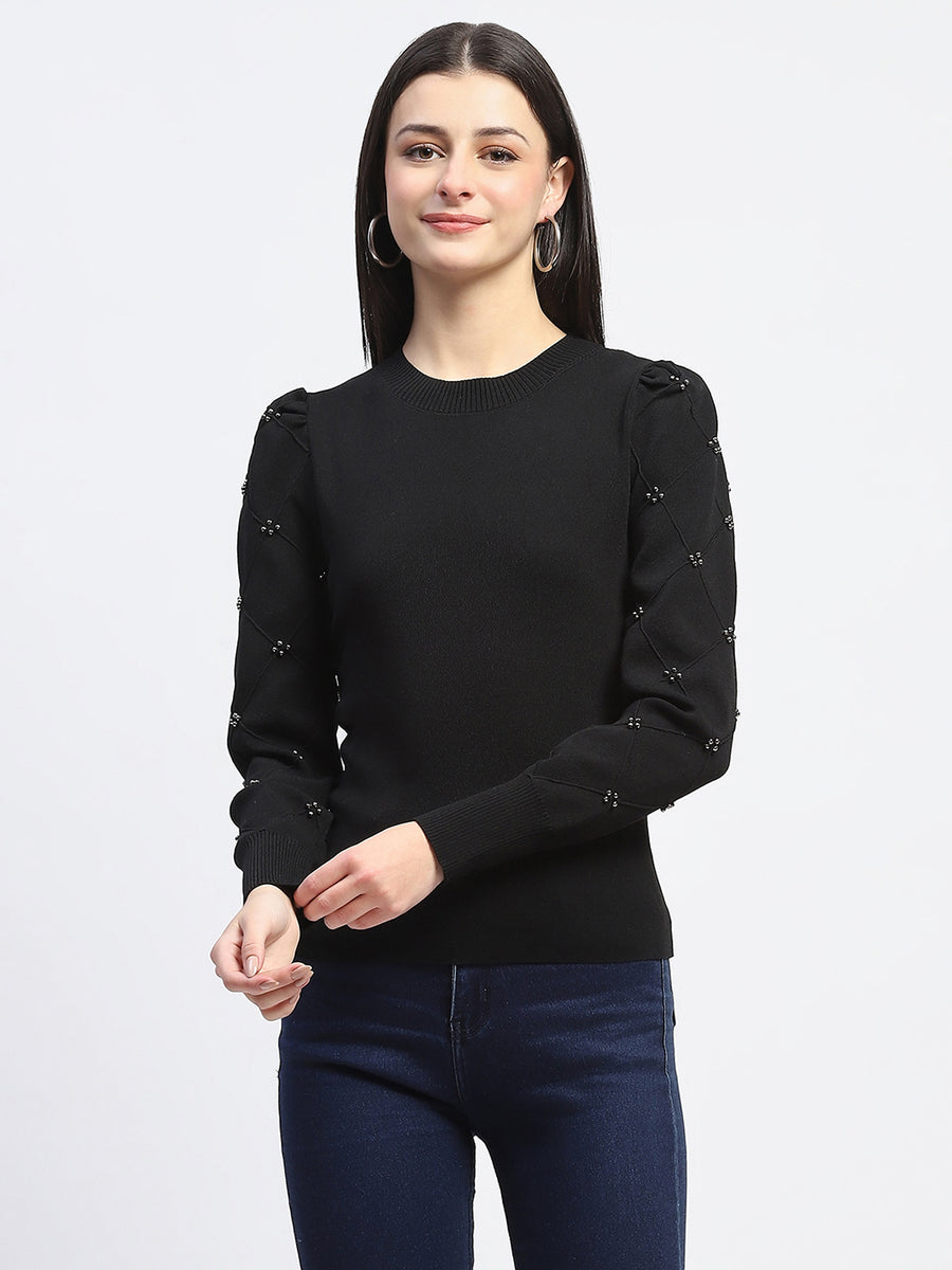 Madame Adorned Sleeves Solid Black Knitted Top