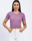 Madame Ribbed Round Neck Bodycon Solid Lilac Top