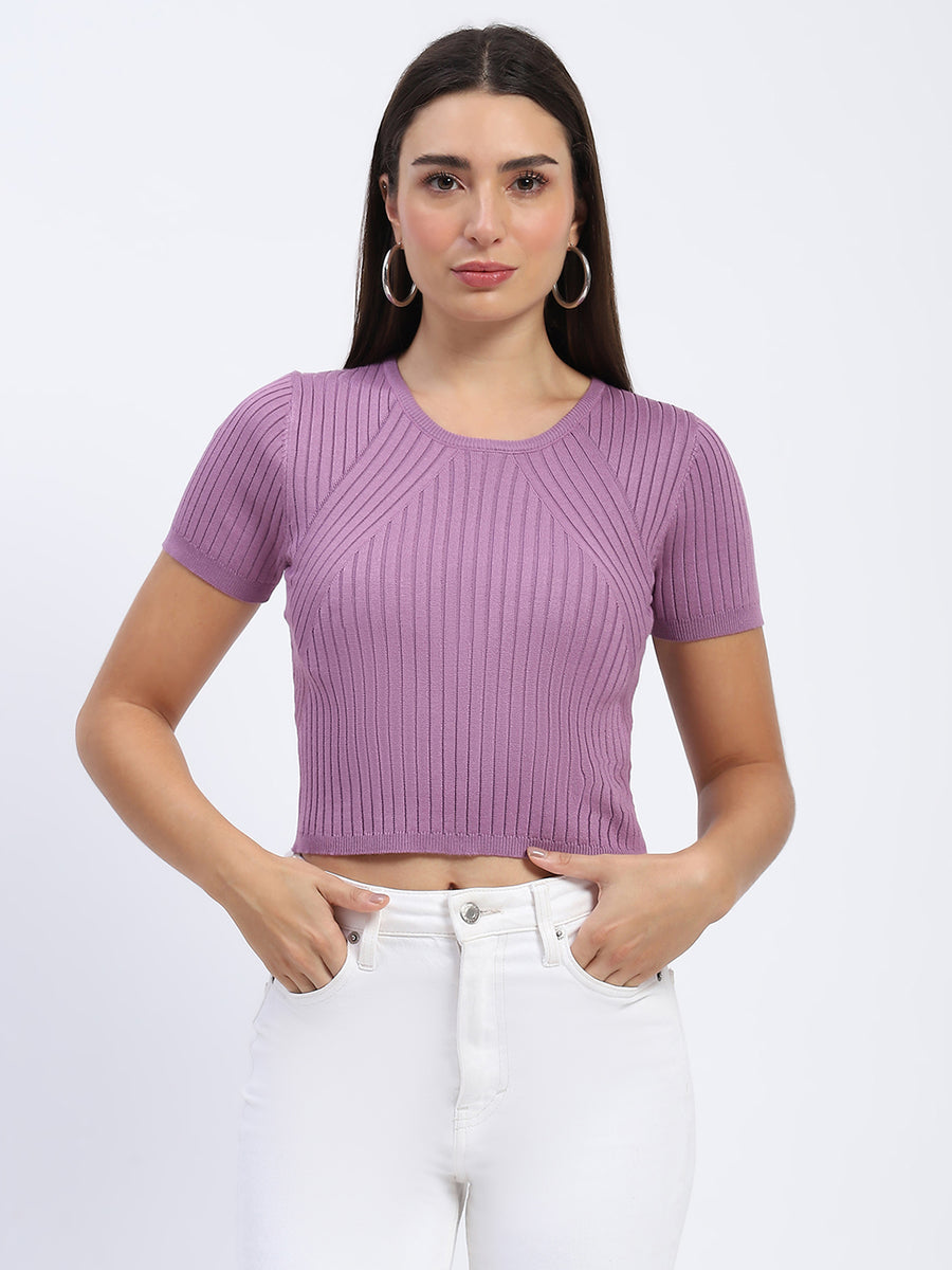 Madame Ribbed Round Neck Bodycon Solid Lilac Top