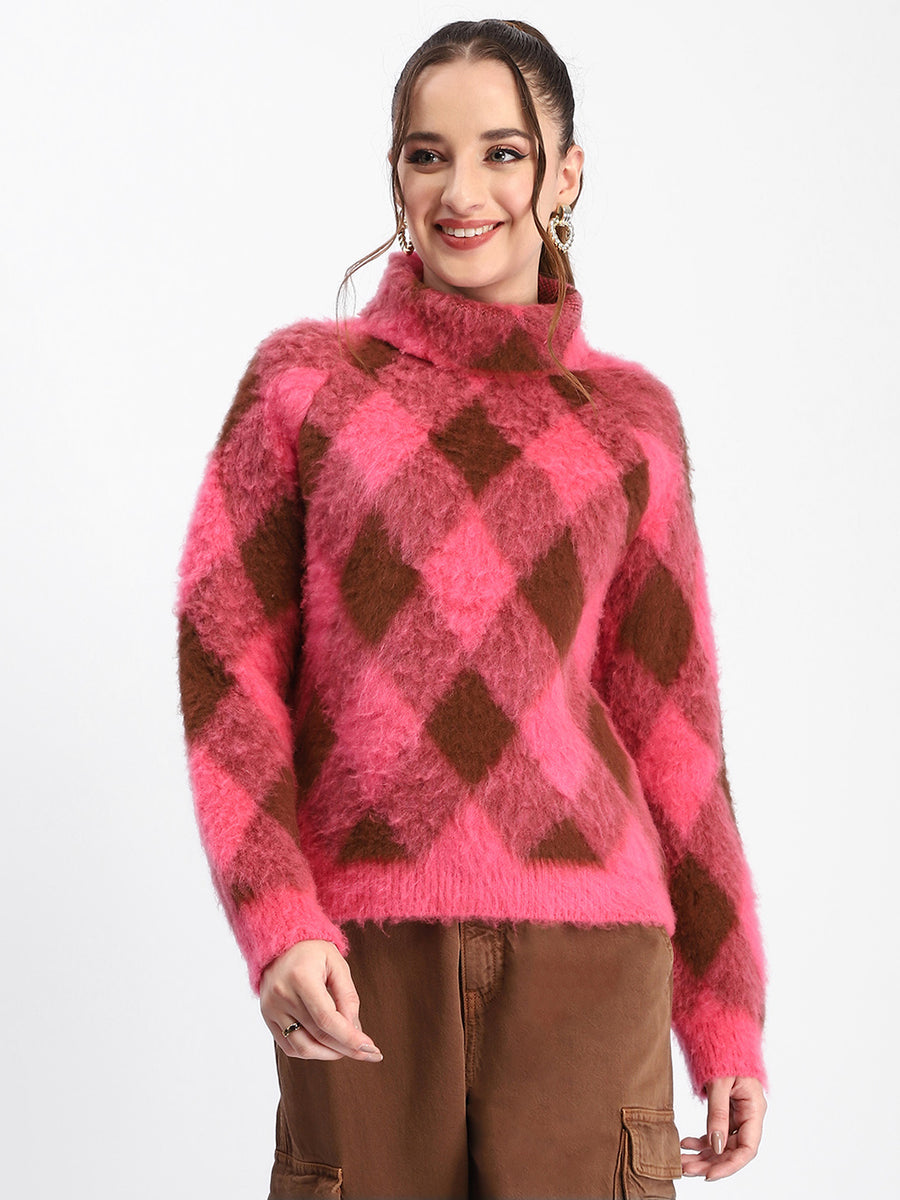 Madame Geometric Print Turtleneck Pink Sweater