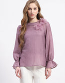 Madame 3D Flower Detailed Round Neck Solid Lilac Top